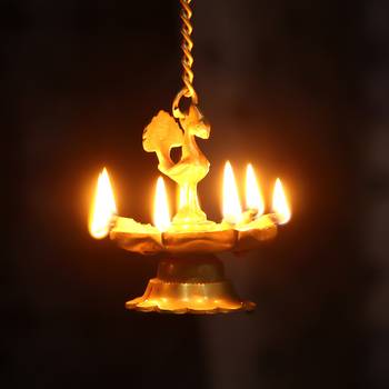 Peacock Deepak Golden Chain Brass Hanging Oil Wick Diya 1