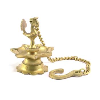 Peacock Deepak Golden Chain Brass Hanging Oil Wick Diya 4