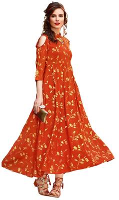 Red Rayon Block Print Embroidered  Partywear Kurti 1