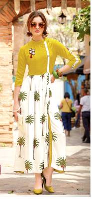 Green Rayon Block Print Embroidered  Partywear Kurti Dress 1