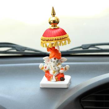 Decorative Lord Ganesha Showpiece with Chatri for Car Dashboard, Home Temple and Office Desks 1