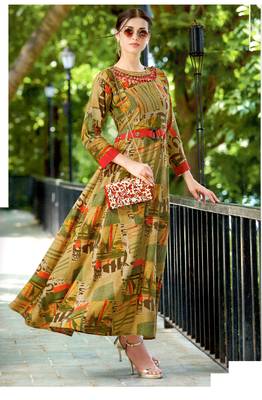 Brown Rayon Block Print Embroidered  Partywear Kurti Dress 1