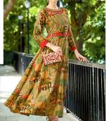 Brown Rayon Block Print Embroidered  Partywear Kurti Dress