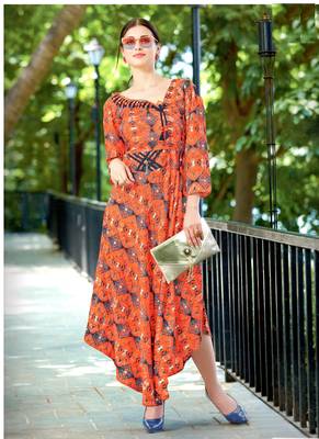 Peach Rayon Block Print Embroidered  Partywear Kurti Dress 1