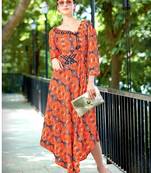 Peach Rayon Block Print Embroidered  Partywear Kurti Dress