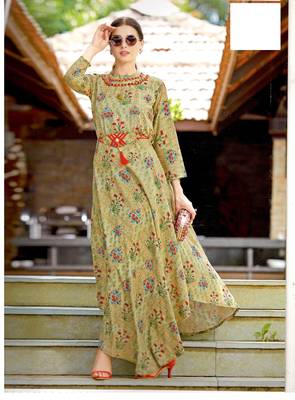 Beige Rayon Block Print Embroidered  Partywear Kurti Dress 1