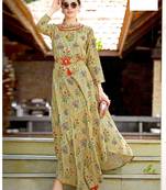 Beige Rayon Block Print Embroidered  Partywear Kurti Dress