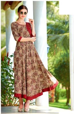 Brown Rayon Block Print Embroidered  Partywear Kurti Dress 1