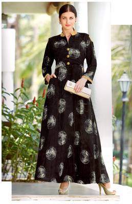 Black Rayon Block Print Embroidered  Partywear Kurti Dress 1
