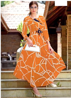 Orange Rayon Block Print Embroidered  Partywear Kurti Dress 1