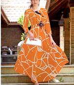Orange Rayon Block Print Embroidered  Partywear Kurti Dress