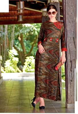 Brown Rayon Block Print Embroidered  Partywear Kurti Dress 1