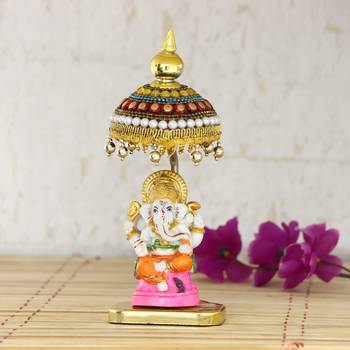 Decorative Lord Ganesha Showpiece with Chatri for Car Dashboard, Home Temple and Office Desks 1