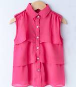 Pink Trendy Girls Sleeveless Georgette Layered Shirt