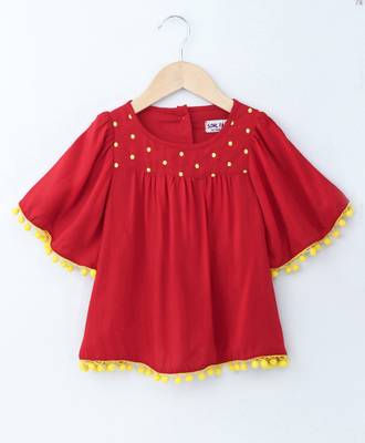 Royal Trendy Rayon Bell Slv Top with Emb Yoke and Pom Pom Lace 1