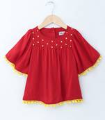 Royal Trendy Rayon Bell Slv Top with Emb Yoke and Pom Pom Lace