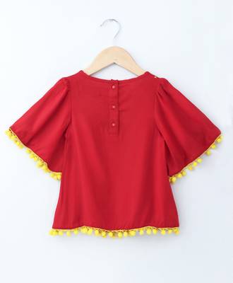 Royal Trendy Rayon Bell Slv Top with Emb Yoke and Pom Pom Lace 2