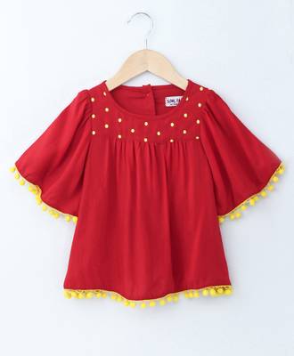 Royal Trendy Rayon Bell Slv Top with Emb Yoke and Pom Pom Lace 4