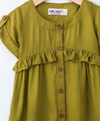 Green Trendy Rayon Top with Ruffle and Fancy Buttons 3