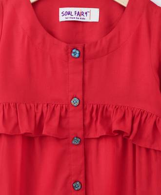 Red Trendy Rayon Top with Ruffle and Fancy Buttons 3