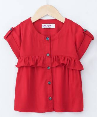 Red Trendy Rayon Top with Ruffle and Fancy Buttons 4