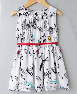 Off White Trendy Comic Printed Dress with Belt 1