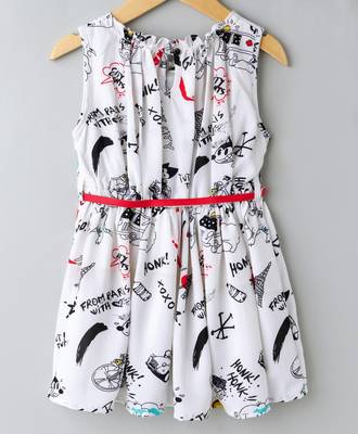 Off White Trendy Comic Printed Dress with Belt 2