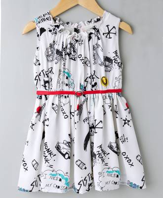 Off White Trendy Comic Printed Dress with Belt 4