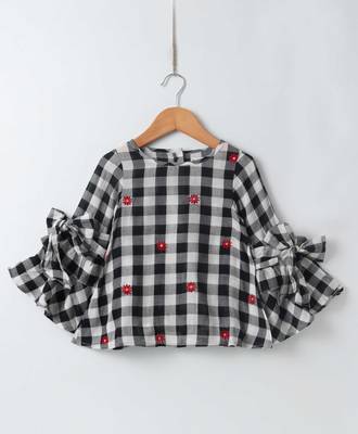 Black/White Trendy Girls Top with Ruffle Sleeve and Embroidery 1