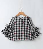 Black/White Trendy Girls Top with Ruffle Sleeve and Embroidery
