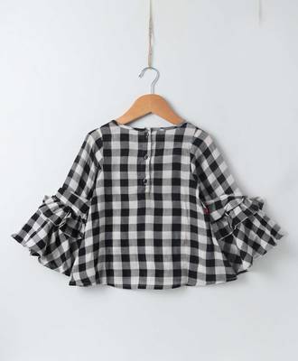 Black/White Trendy Girls Top with Ruffle Sleeve and Embroidery 2