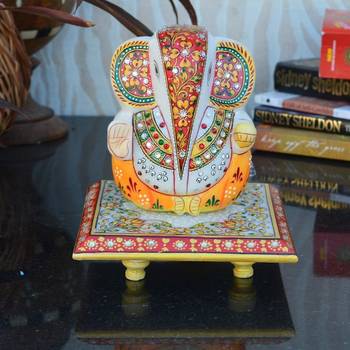 Lord Ganesha on Floral Designed Marble Chowki 2