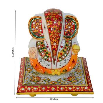 Lord Ganesha on Floral Designed Marble Chowki 3