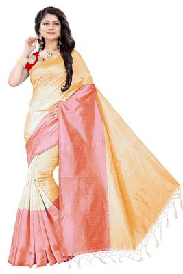 Light yellow plain cotton silk saree with blouse 1