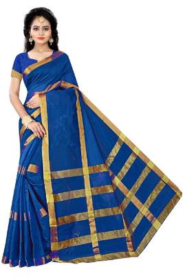 Blue plain cotton silk saree with blouse 1