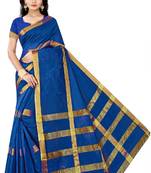 Blue plain cotton silk saree with blouse