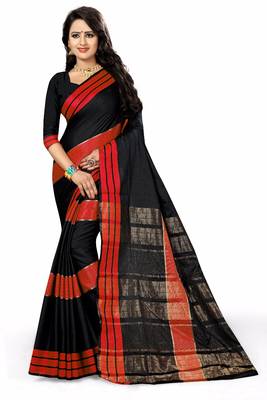 Black printed cotton silk saree with blouse 1