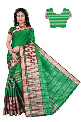 Green printed cotton silk saree with blouse 1