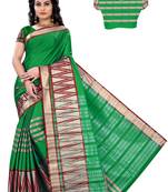Green printed cotton silk saree with blouse