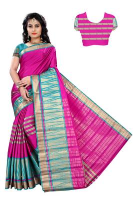 Pink printed cotton silk saree with blouse 1