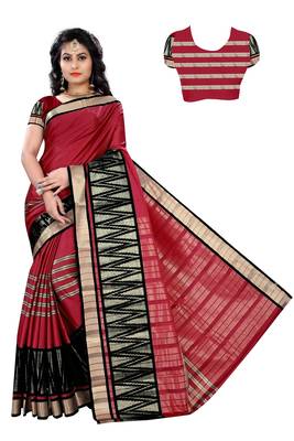 Maroon printed cotton silk saree with blouse 1