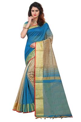 Blue printed cotton silk saree with blouse 1