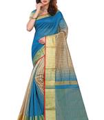 Blue printed cotton silk saree with blouse