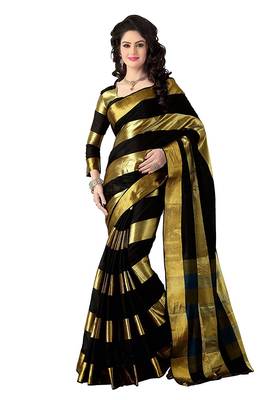 Black printed cotton silk saree with blouse 1