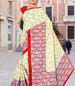 Off white printed art silk saree with blouse