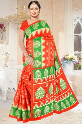 Orange printed art silk saree with blouse 1