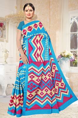 Sky blue printed art silk saree with blouse 1