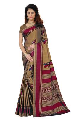 Dark brown printed art silk saree with blouse 1
