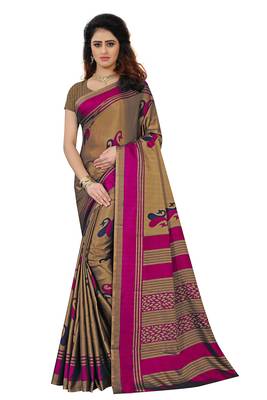 Dark brown printed art silk saree with blouse 1