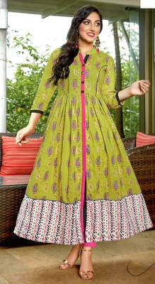 Green Cambric Block Print Embroidered  Partywear Kurti 1